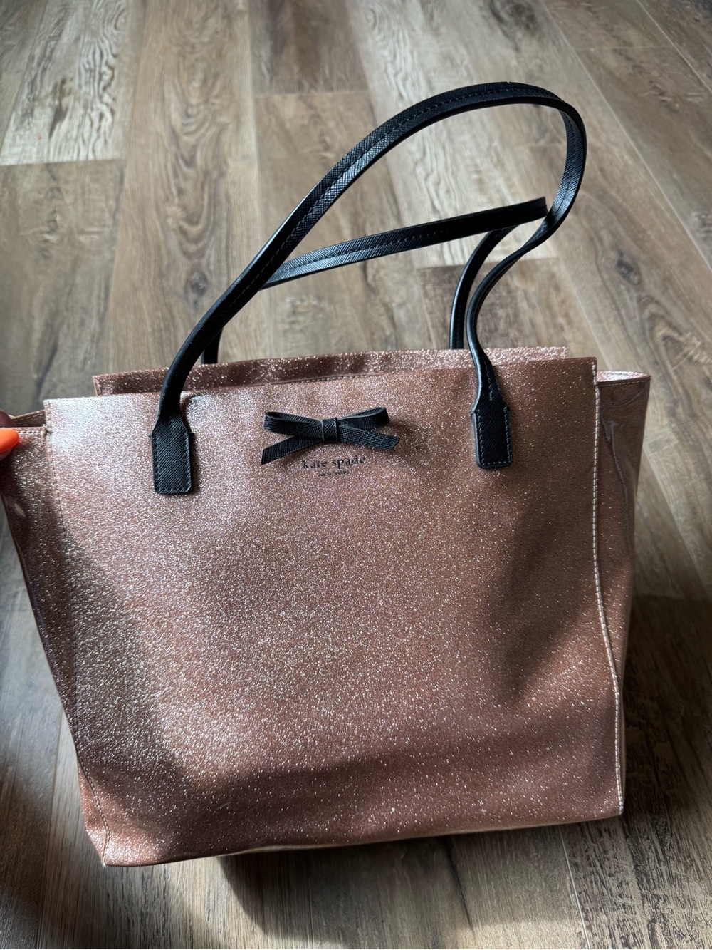 kate spade Rose Gold Glitter Tote with Black Handles and Bow